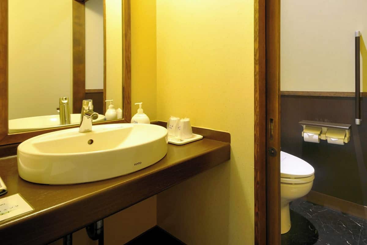 Un baño con lavamanos, espejo, inodoro y zona de ducha.
