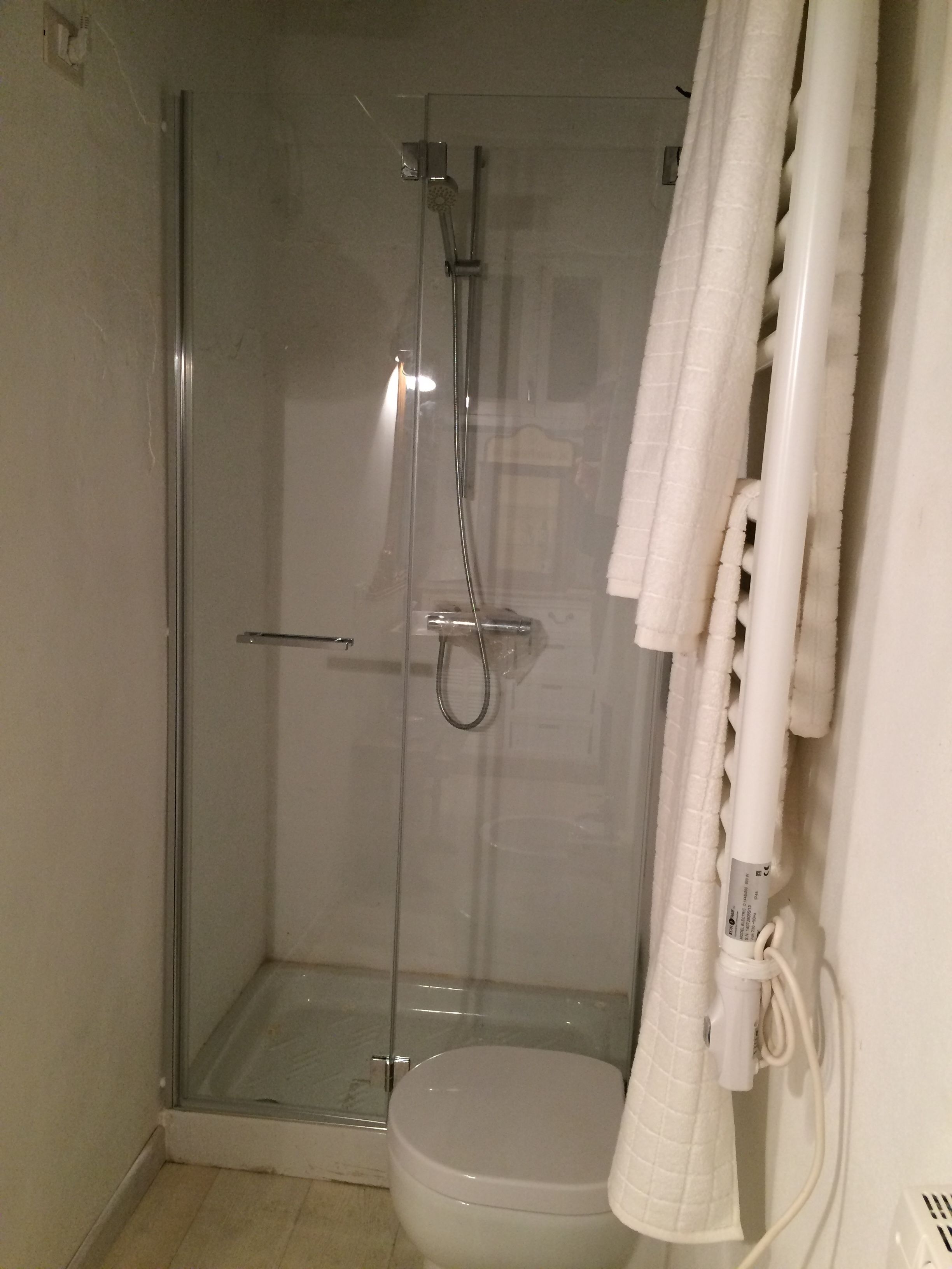 A glass-enclosed shower stall with a white toilet and a towel rack with a white towel.