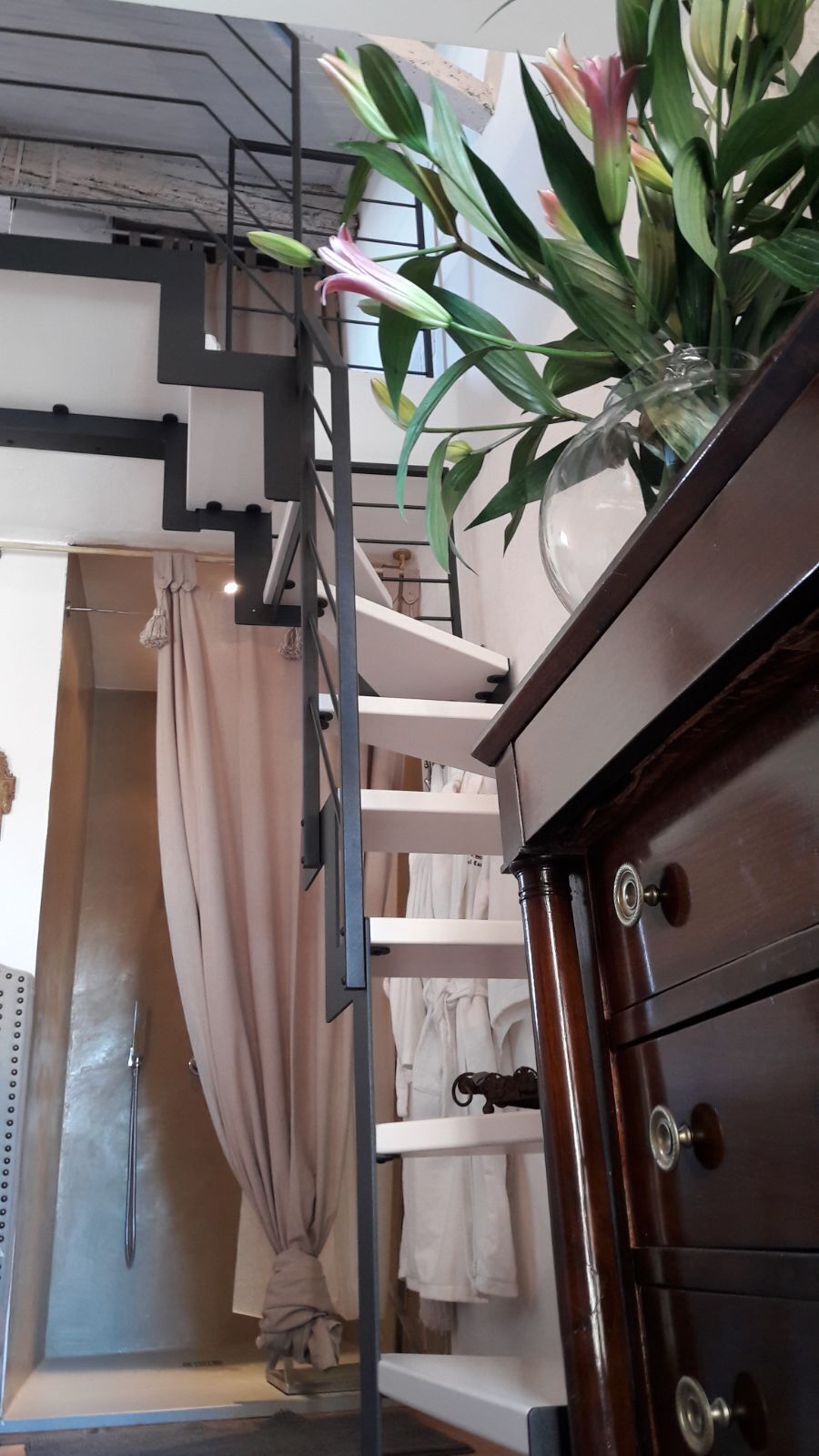 A staircase with a metal railing, a wooden dresser with drawers, and a potted plant with green leaves and pink flowers.