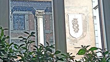 A window with a decorative frame and a coat of arms.