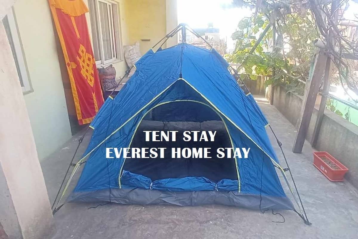 A blue tent on a balcony with a view of buildings and trees.