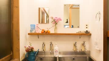 Shower, hydromassage showerhead, free toiletries, hair dryer