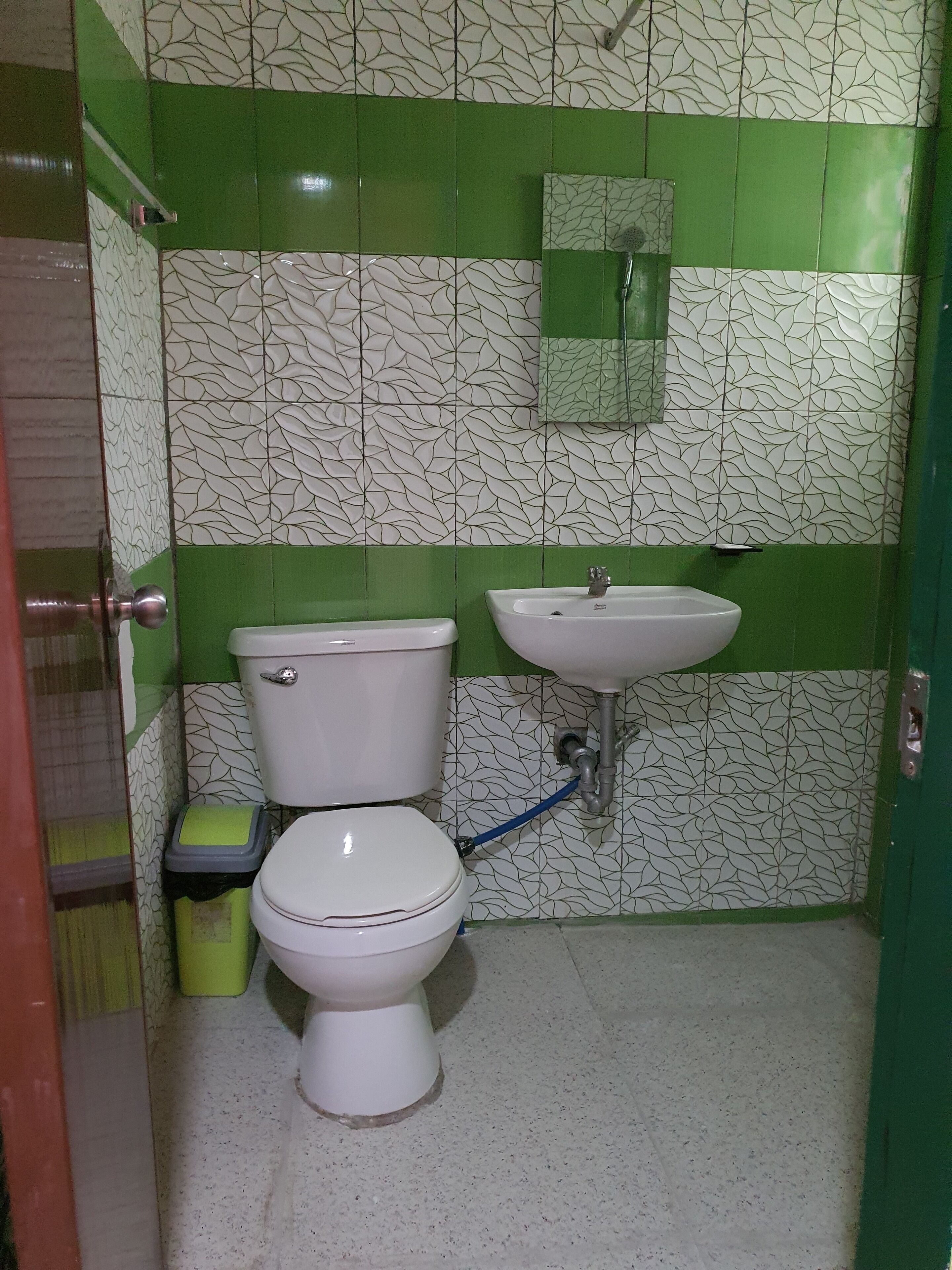 Une salle de bain avec des toilettes, un lavabo et des murs à motifs verts et blancs.