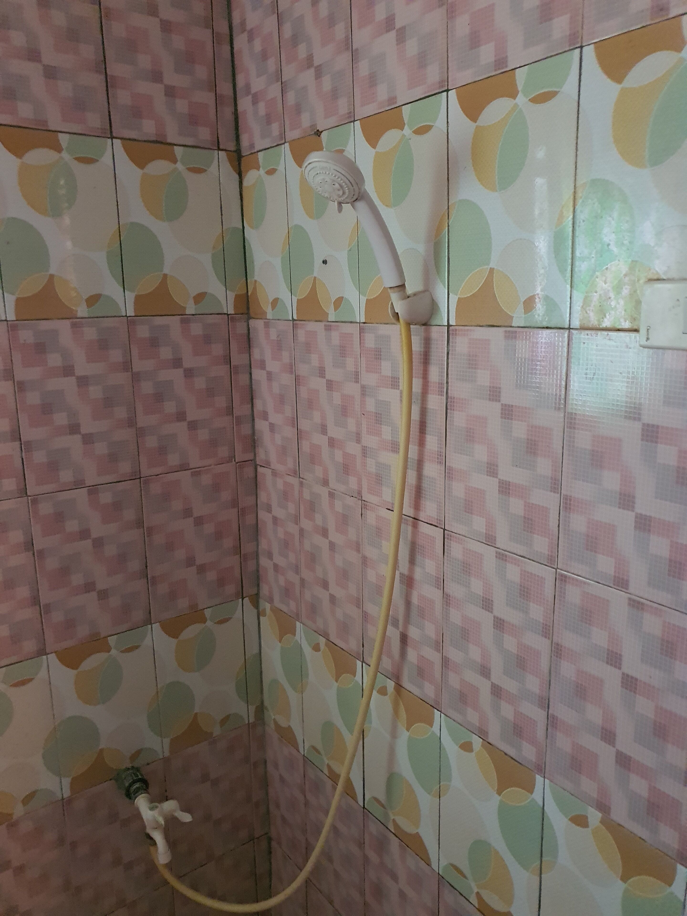Zona de ducha con cabezal de ducha de mano y manguera.