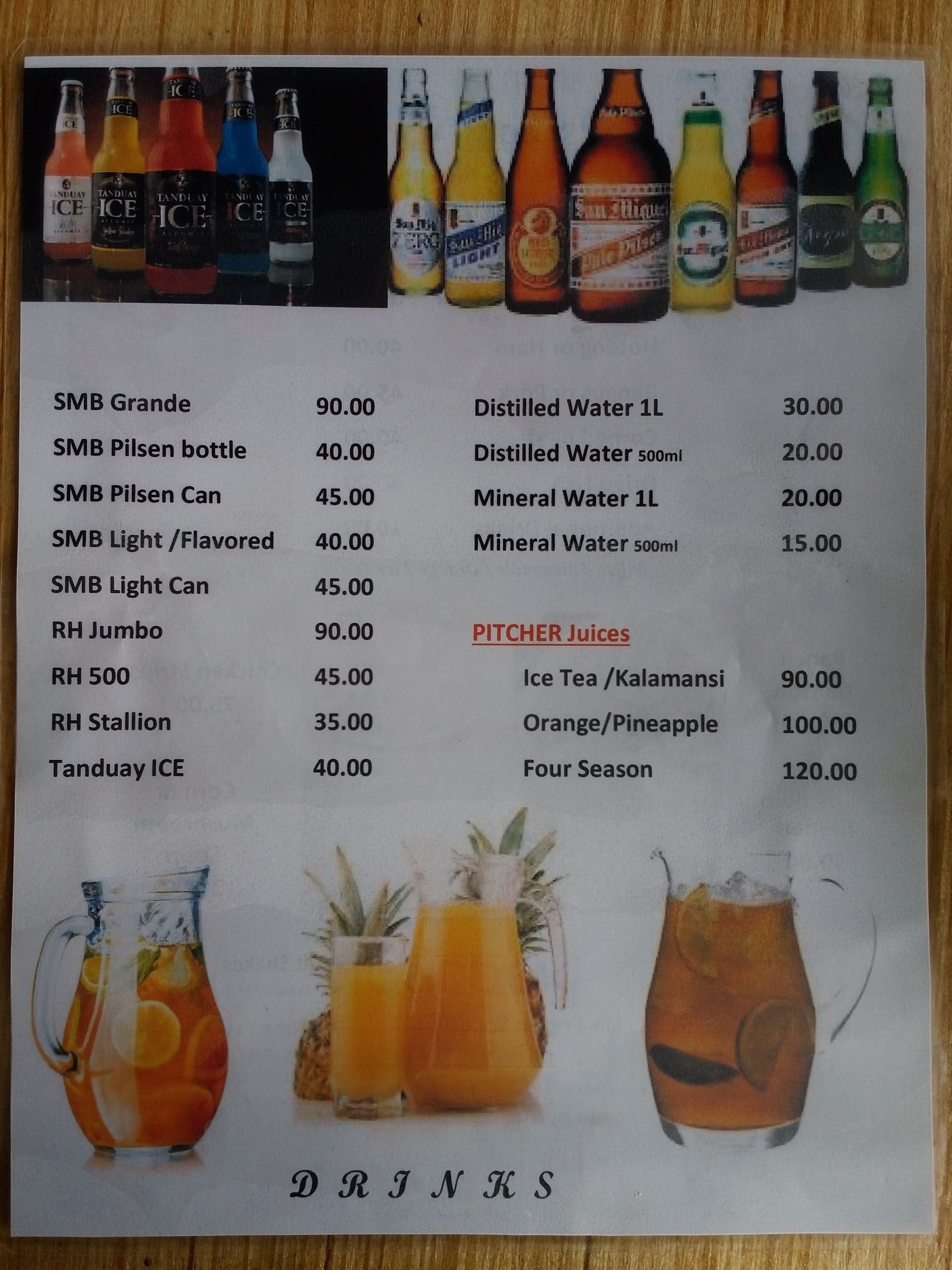 A menu listing various drinks with prices.