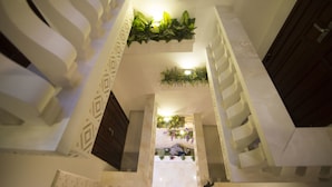 Una escalera con una pared de diseño geométrico y un techo decorado con plantas verdes.