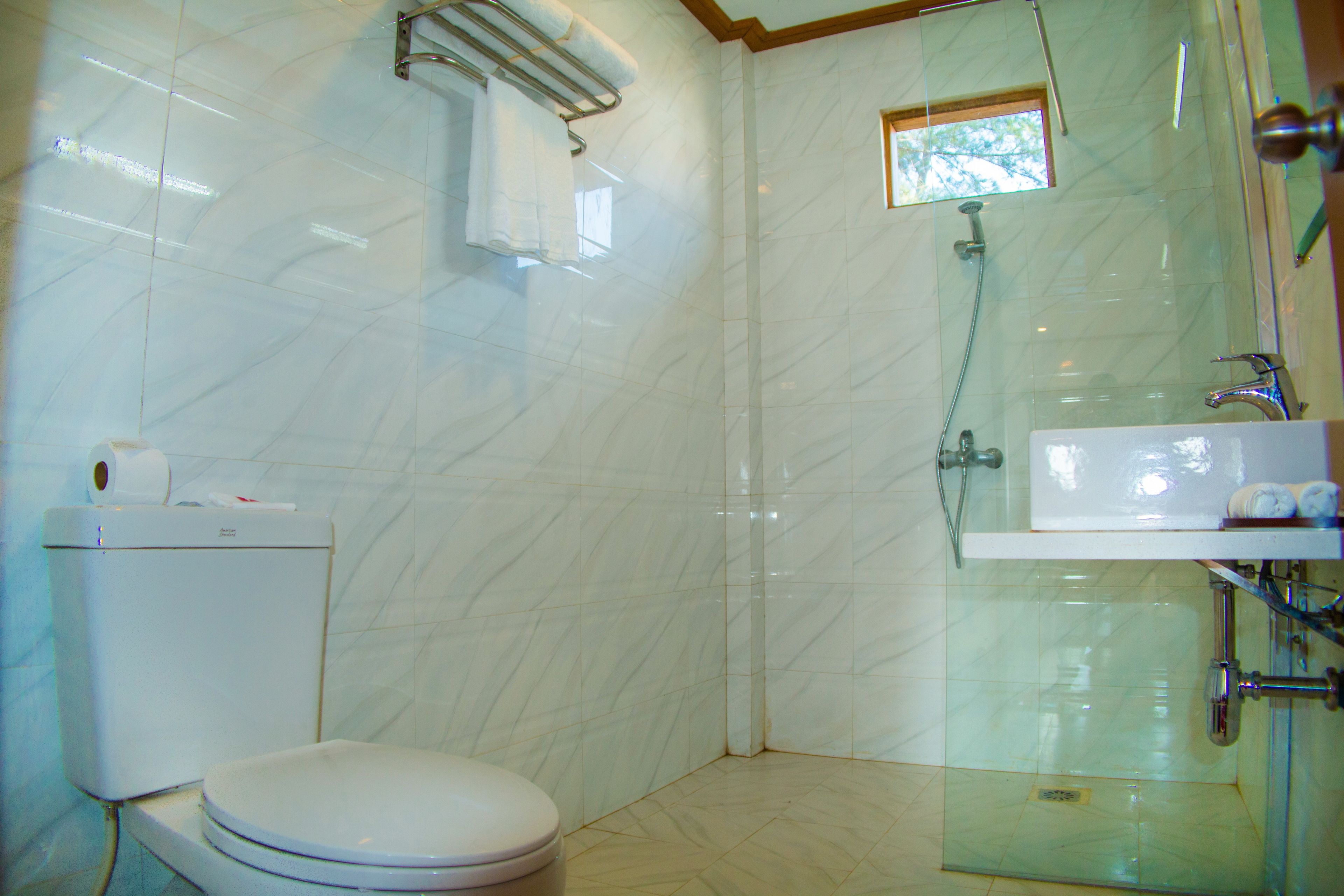 shower, free toiletries, hair dryer, towels