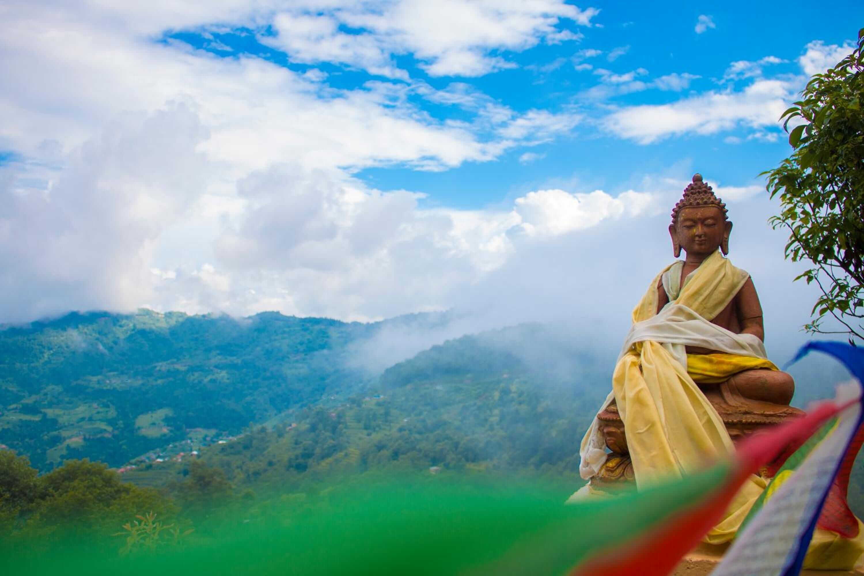 A seated statue of Buddha in a natural setting with a mountainous backdrop.