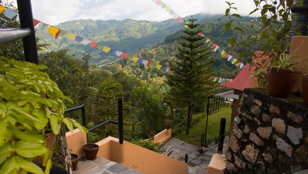 A staircase with stone steps leading to a terrace, surrounded by greenery and a view of a mountainous landscape.