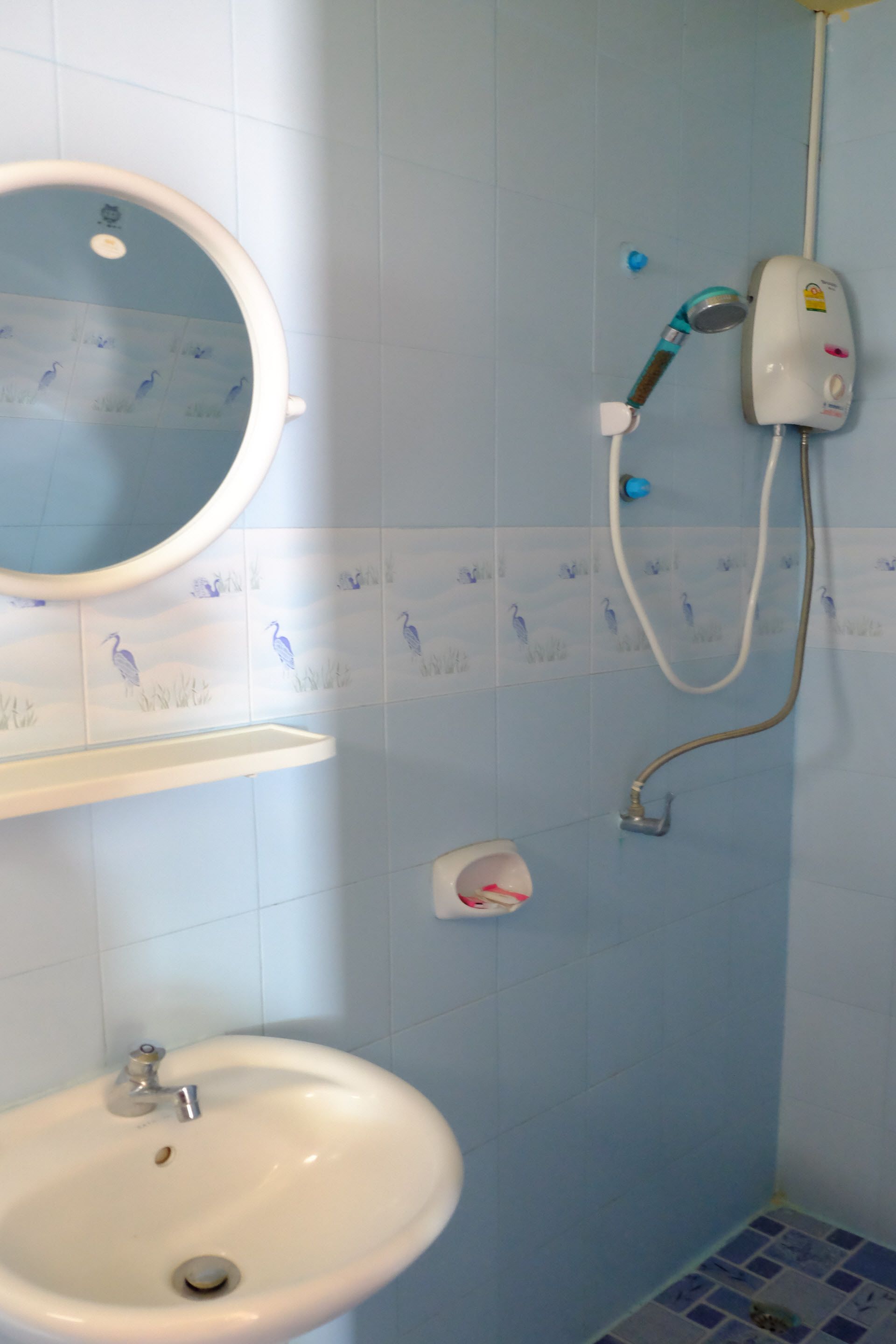 Une salle de bain avec un lavabo, un miroir et une douche.