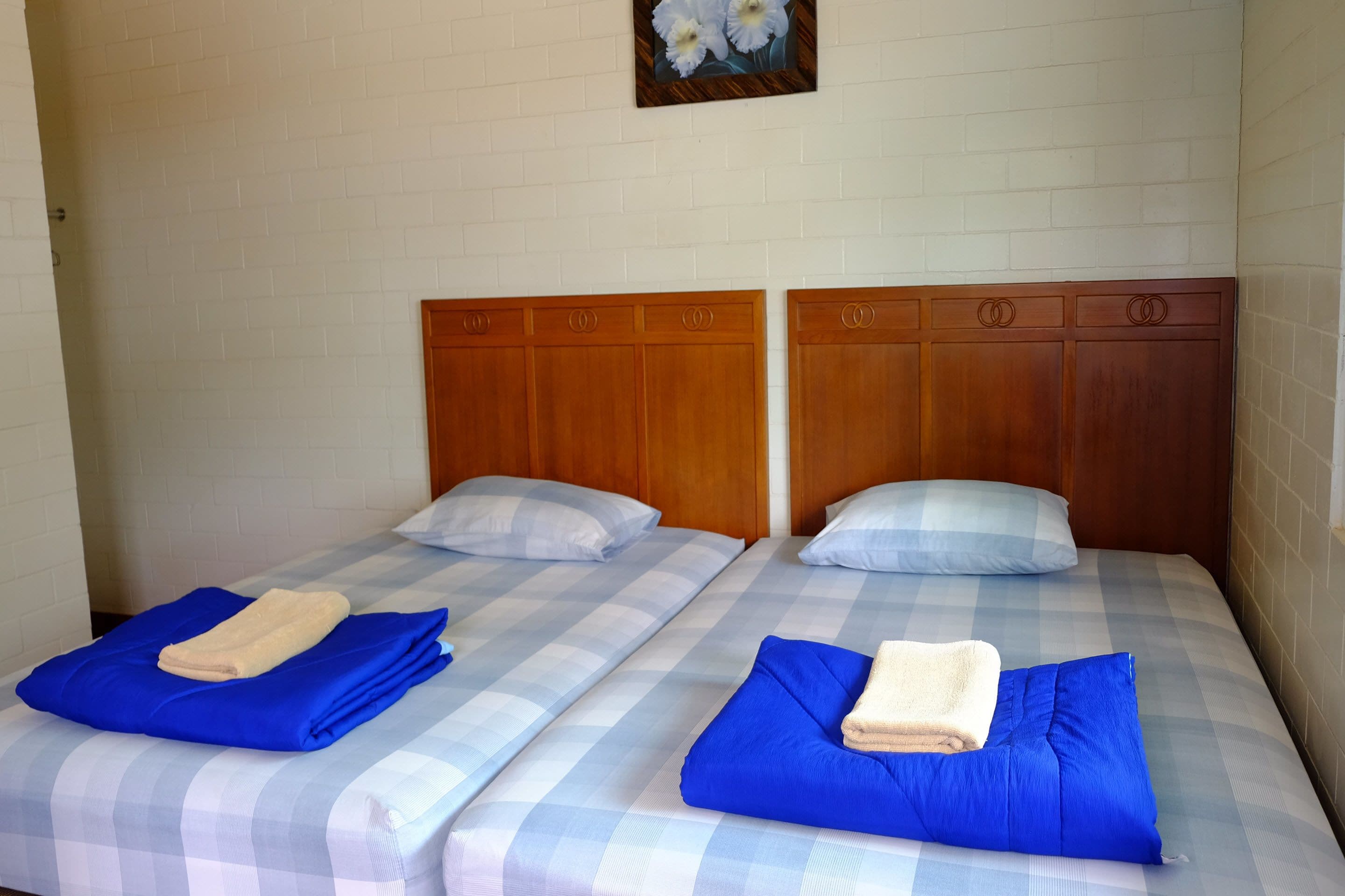 Dos camas individuales con cabeceros de madera, ropa de cama a cuadros azul y blanco, y toallas dobladas.
