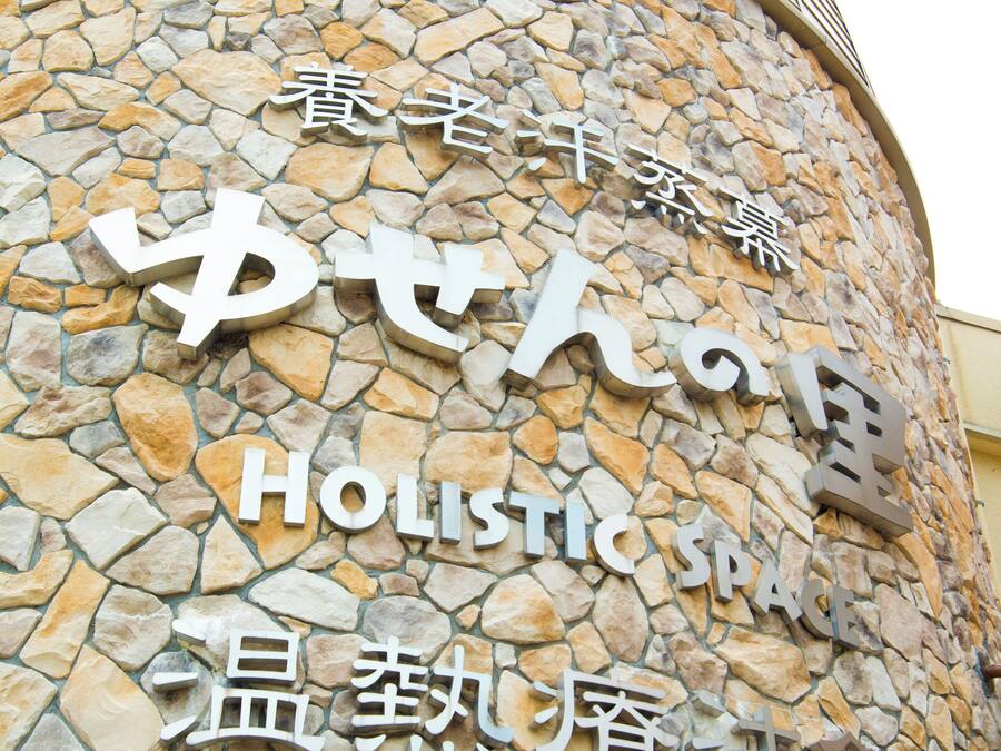 A stone wall with the text "Holistic Space" and some Chinese characters.
