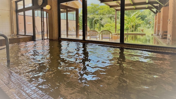 Une piscine intérieure avec des parois en verre transparent, une horloge et une vue sur la verdure environnante.