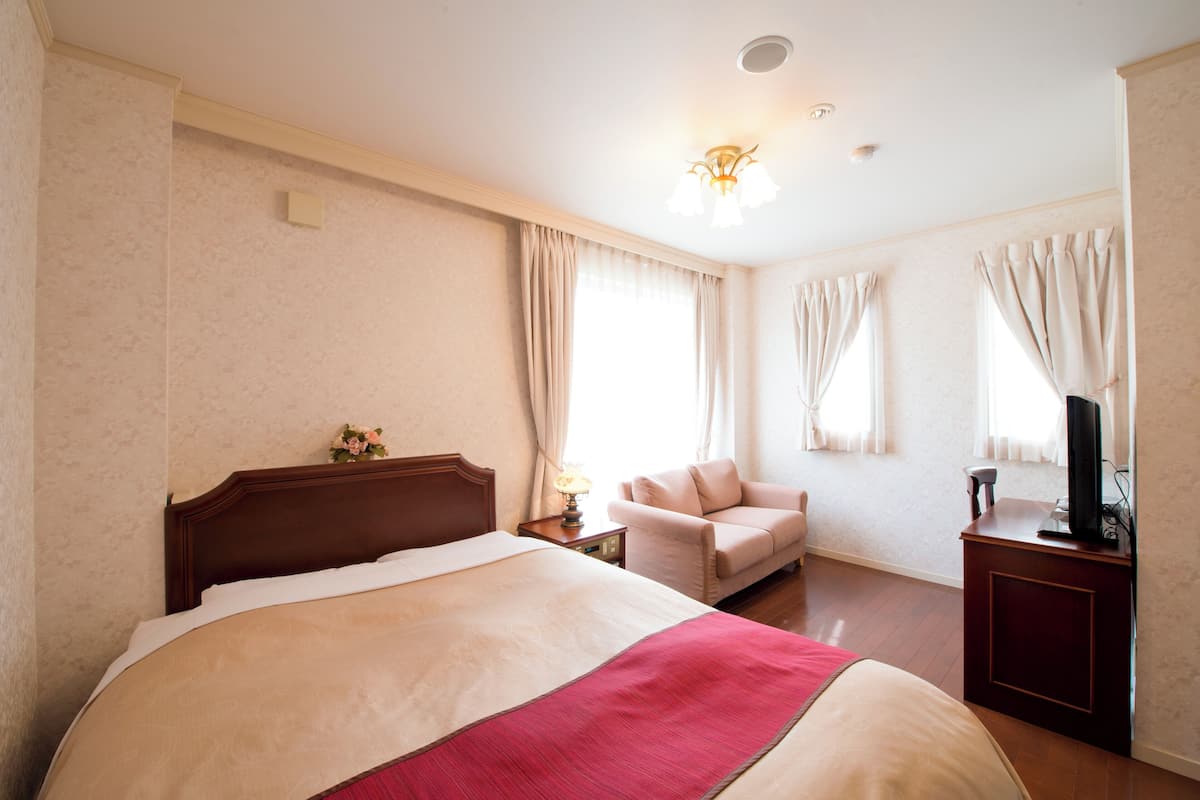 Una habitación de hotel con una cama grande, una silla, un televisor y un escritorio.