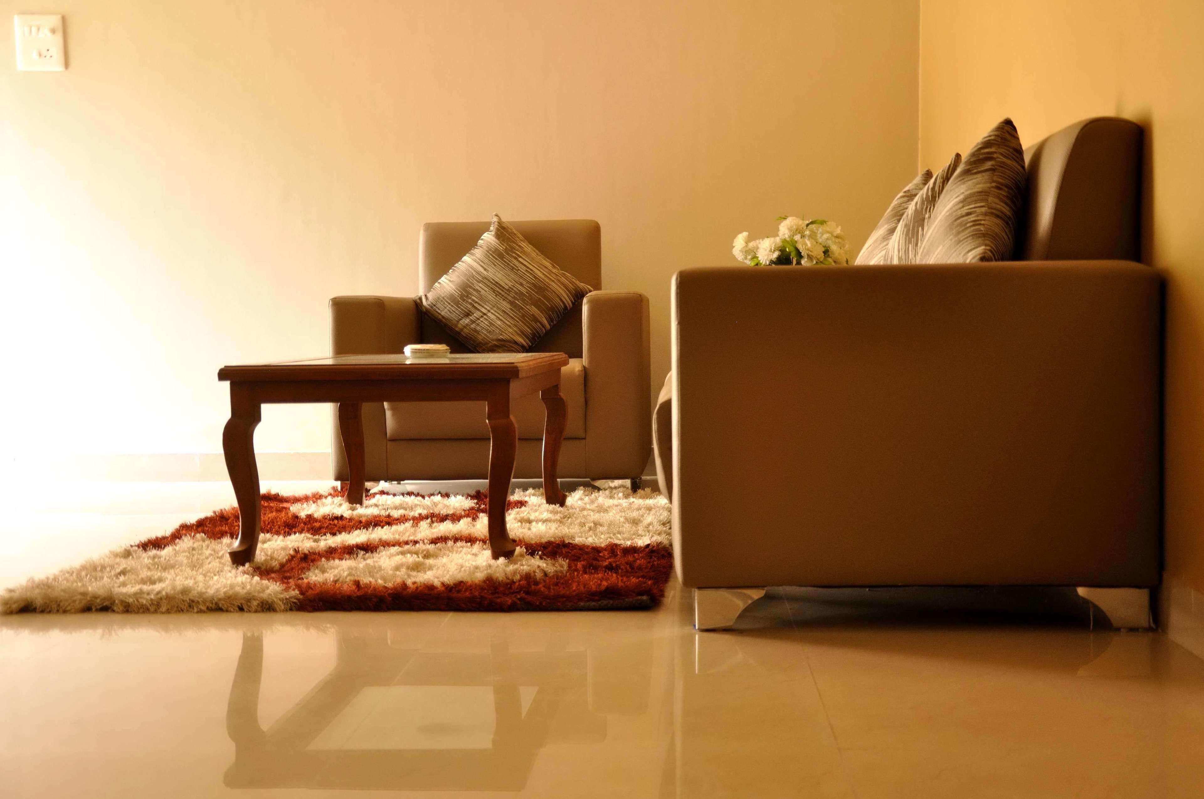 A living room with a sofa, a chair, a coffee table, and a rug.