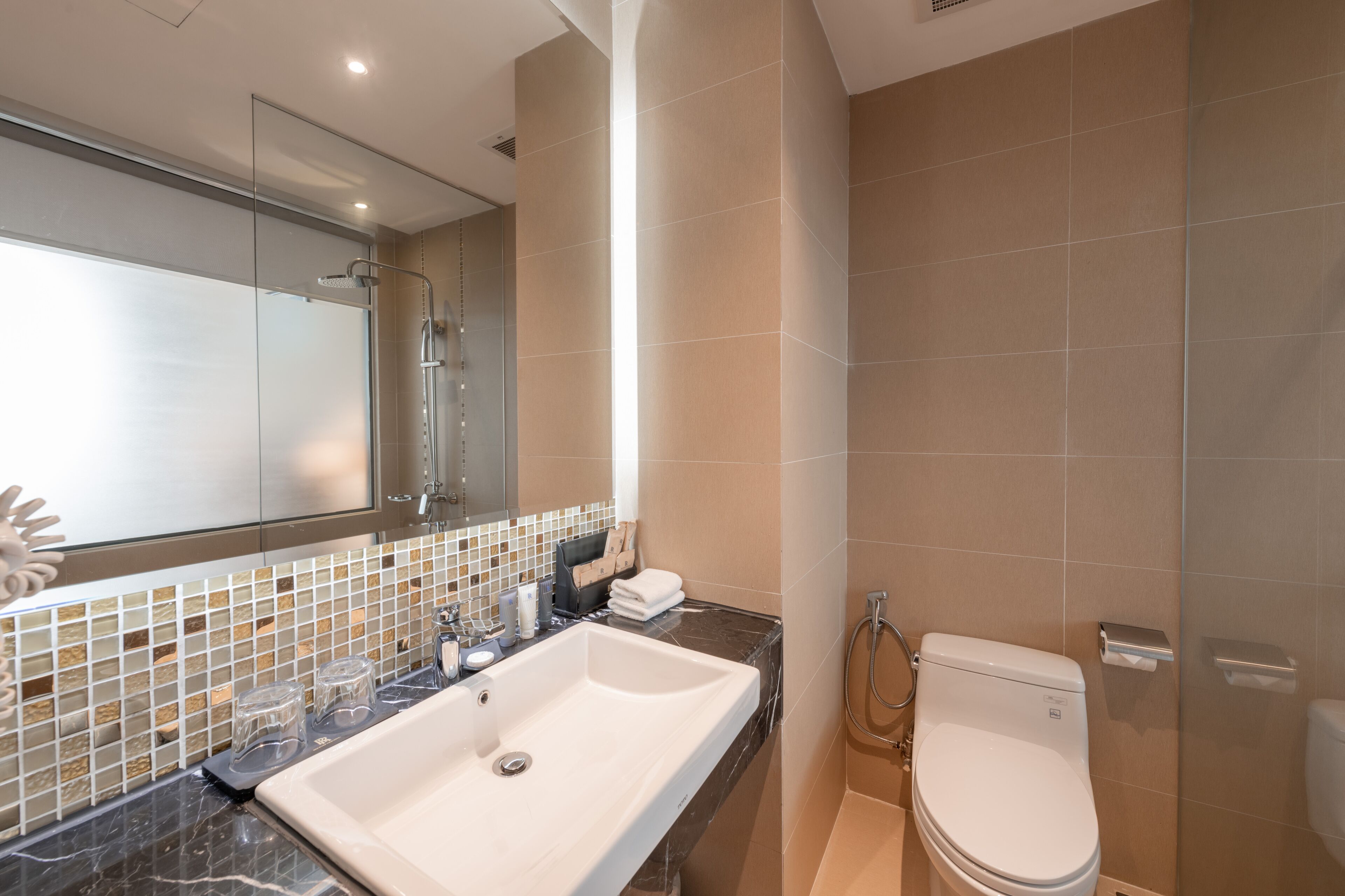 A modern bathroom with a large sink, mirror, and toilet.