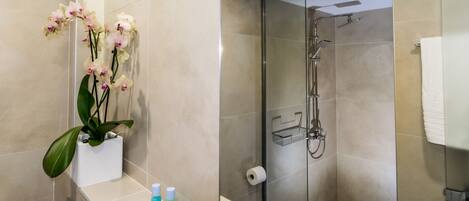 A modern bathroom with a glass shower, a toilet, and a sink area with toiletries.