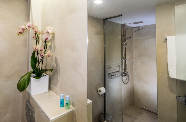 A modern bathroom with a glass shower, a toilet, and a sink area with toiletries.