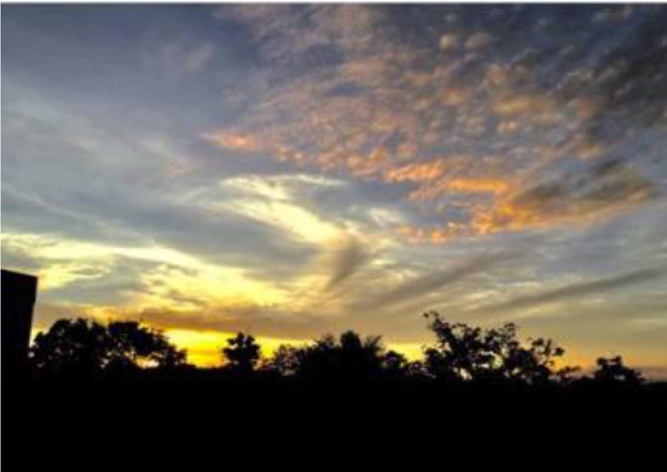 A sunset sky with clouds and silhouettes of trees.