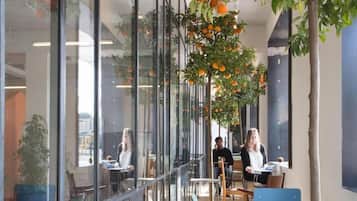 An indoor space with glass walls, wooden flooring, and a tree with oranges.