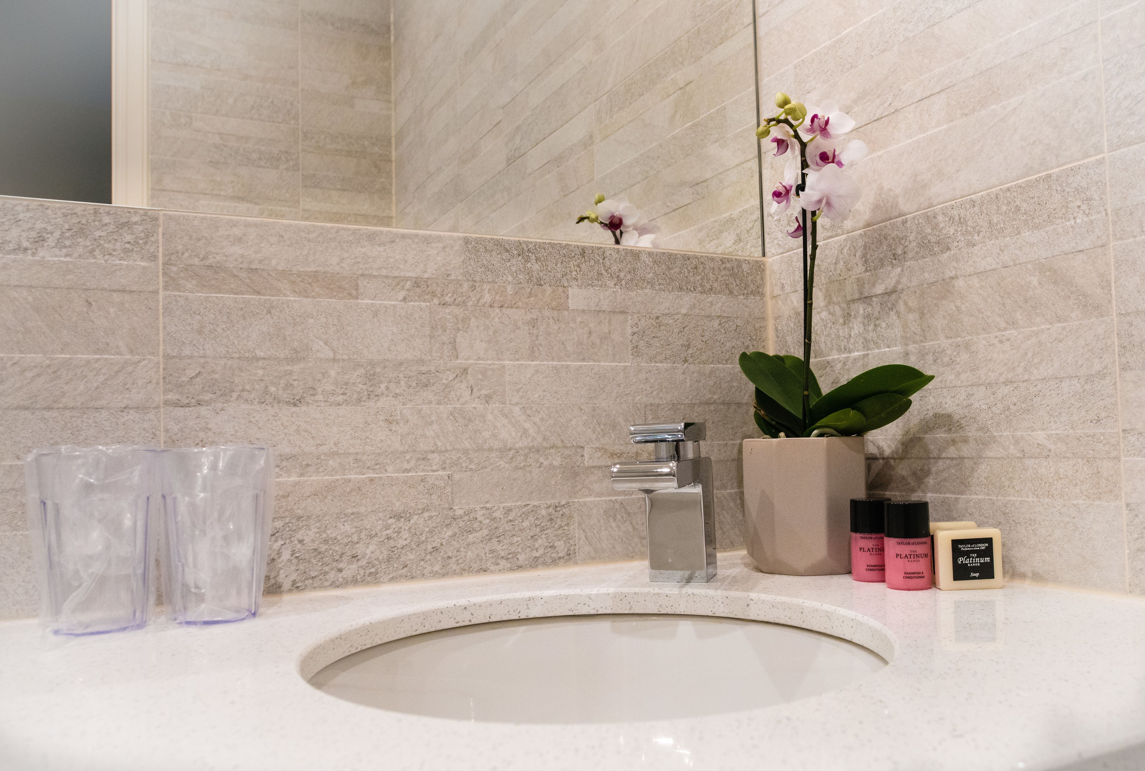 A bathroom with a sink, two clear glasses, a potted orchid, and two bottles of lotion.