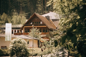 A wooden building with a sloped roof, surrounded by trees and a mountain backdrop.