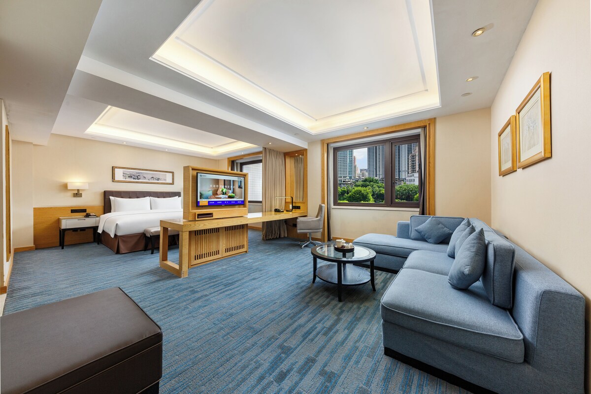 A hotel room with a bed, a sofa, a TV, a desk, and a window with a city view.