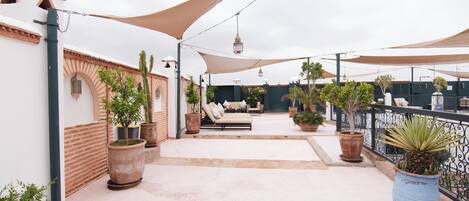 A rooftop terrace with potted plants, outdoor seating, and a view of the cityscape.