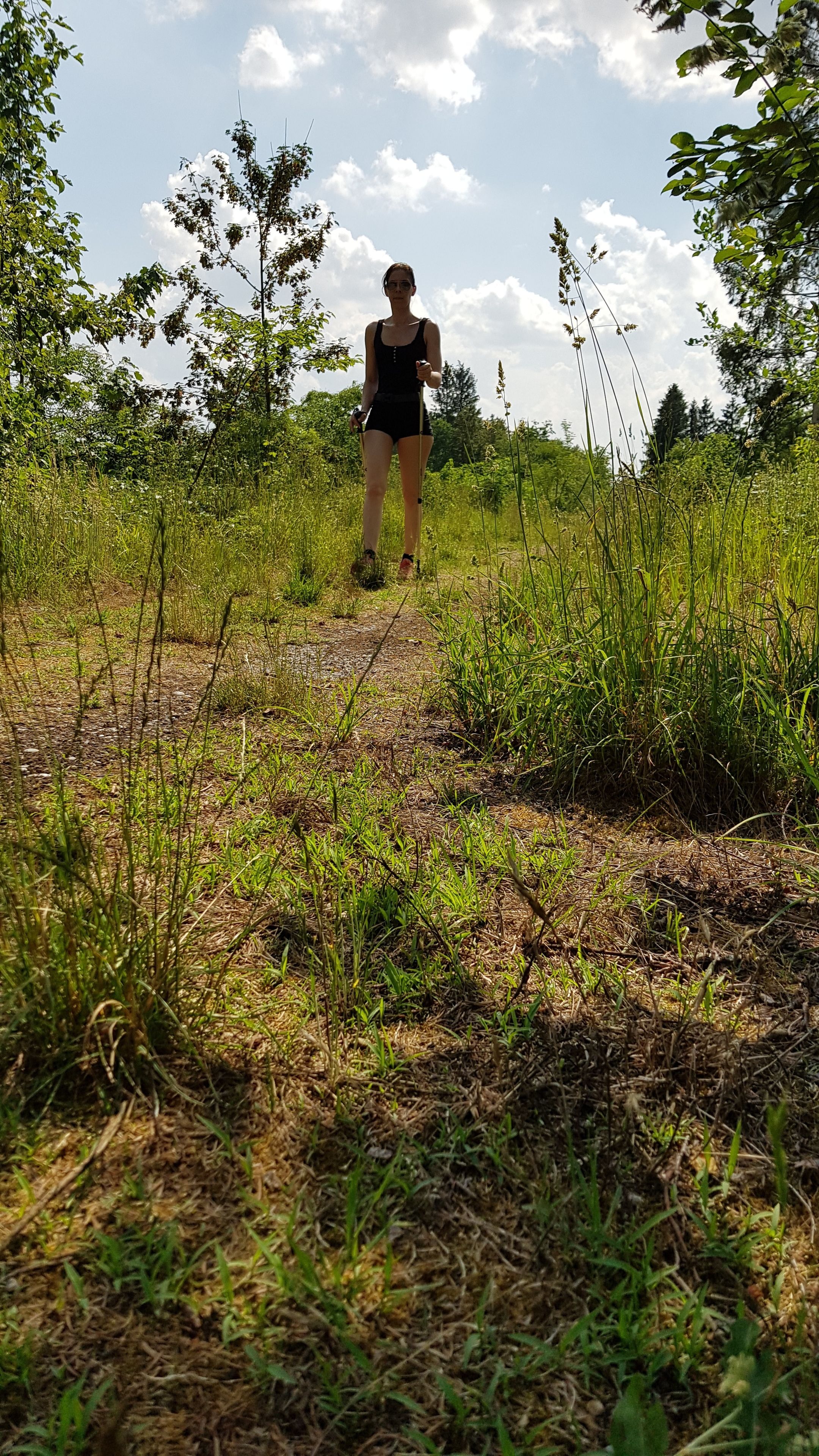 Una persona camina por un sendero de tierra rodeado de vegetación.