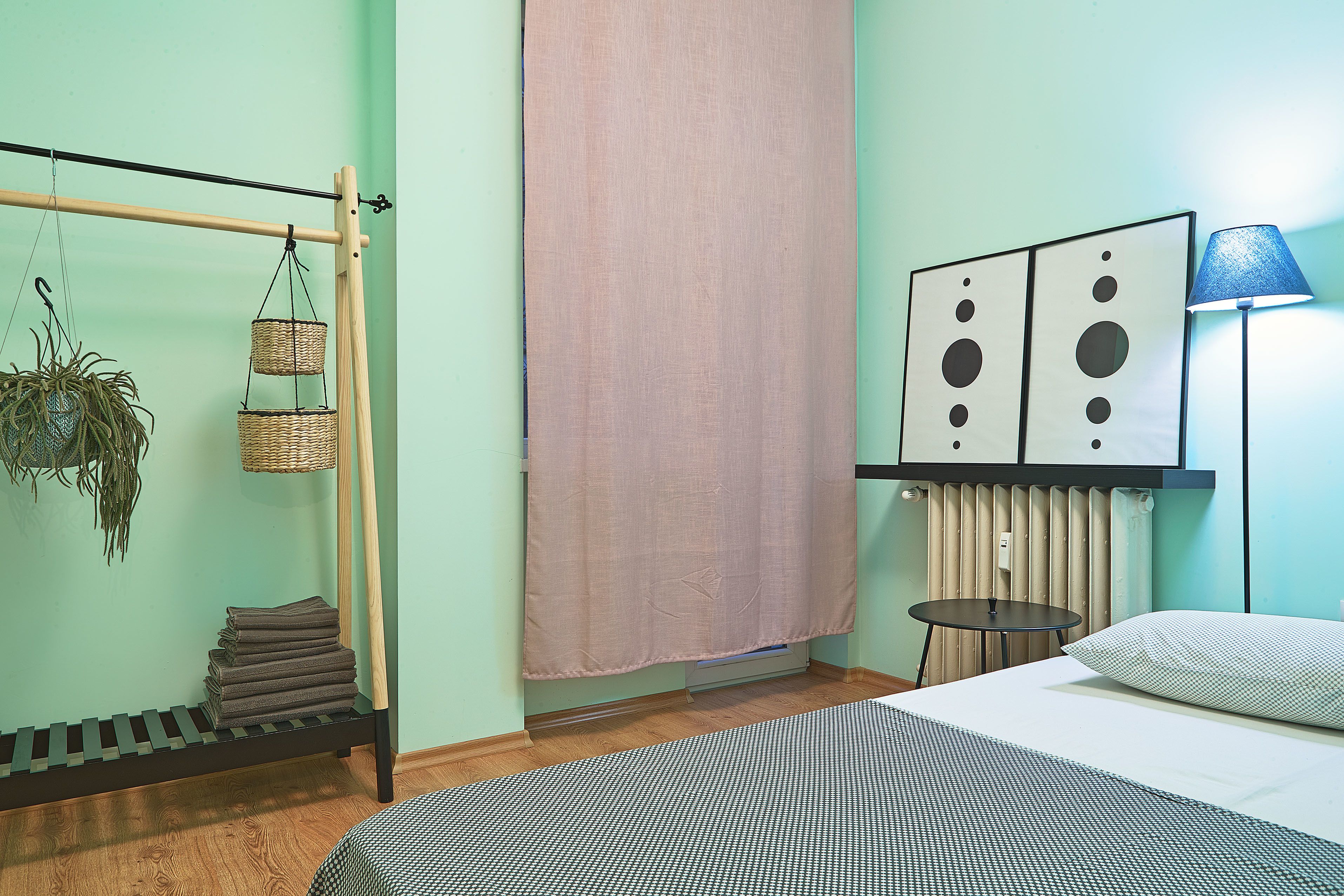 Una habitació amb un llit, una planta penjant, un radiador i una làmpada.