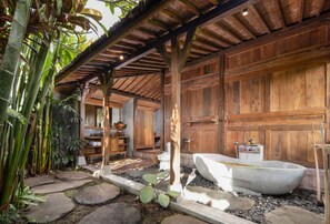 One Bedroom Private Pool Villa | Bathroom | Separate bathtub and shower, deep-soaking bathtub, rainfall showerhead - Madani Antique Villas (Ubud)