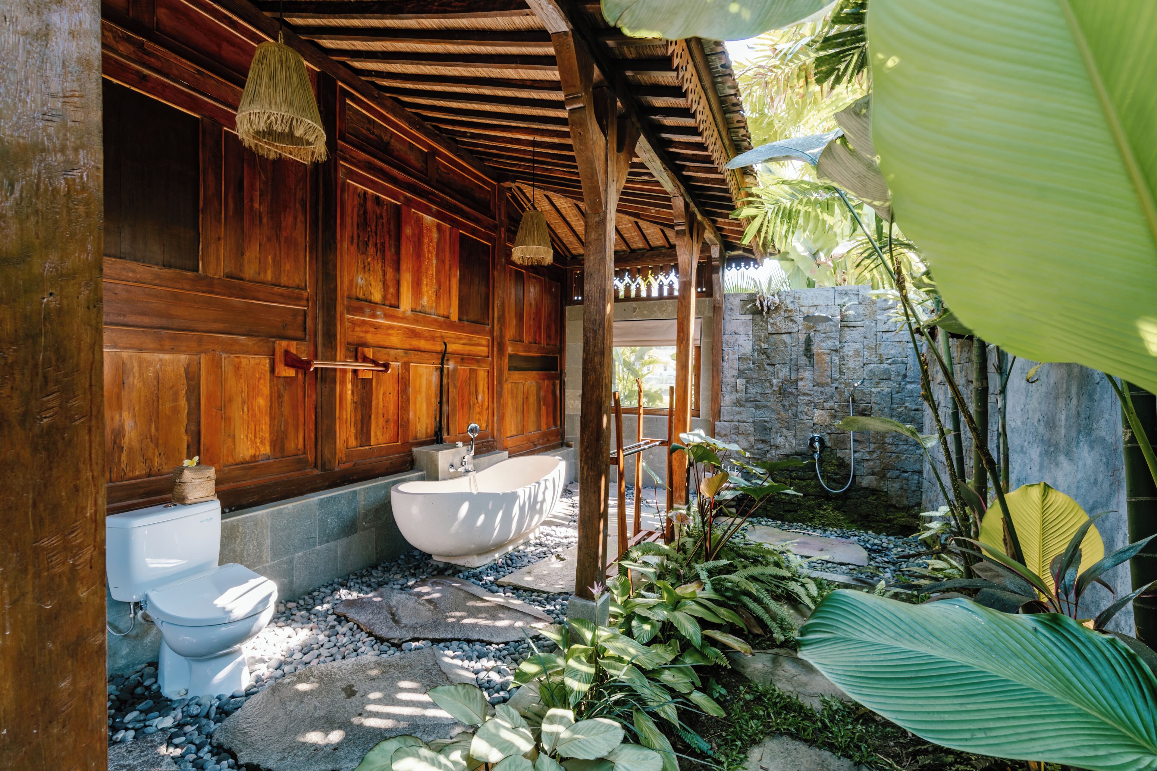 family wooden private pol villa | bathroom | separate bathtub and shower, deep-soaking bathtub, rainfall showerhead