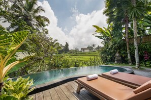 Un espace aménagé au bord de la piscine, avec des chaises longues et une vue sur un jardin luxuriant et un bâtiment situé au loin.
