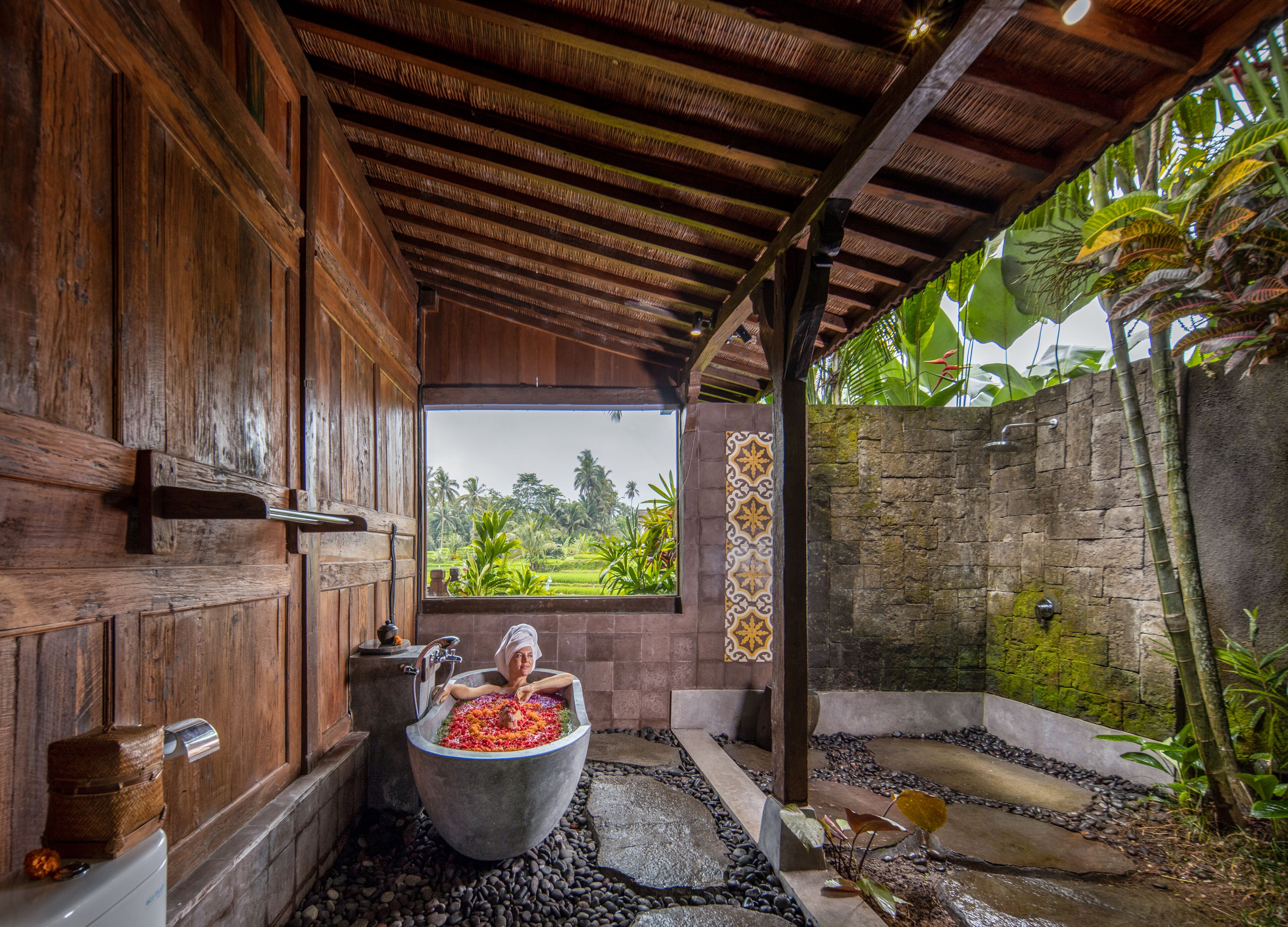 family wooden private pol villa | bathroom | separate bathtub and shower, deep-soaking bathtub, rainfall showerhead