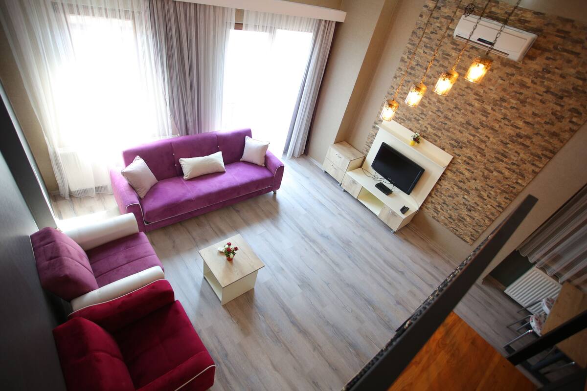 A modern living room with a purple sofa, a red sofa, a small coffee table, and a TV on a stand.