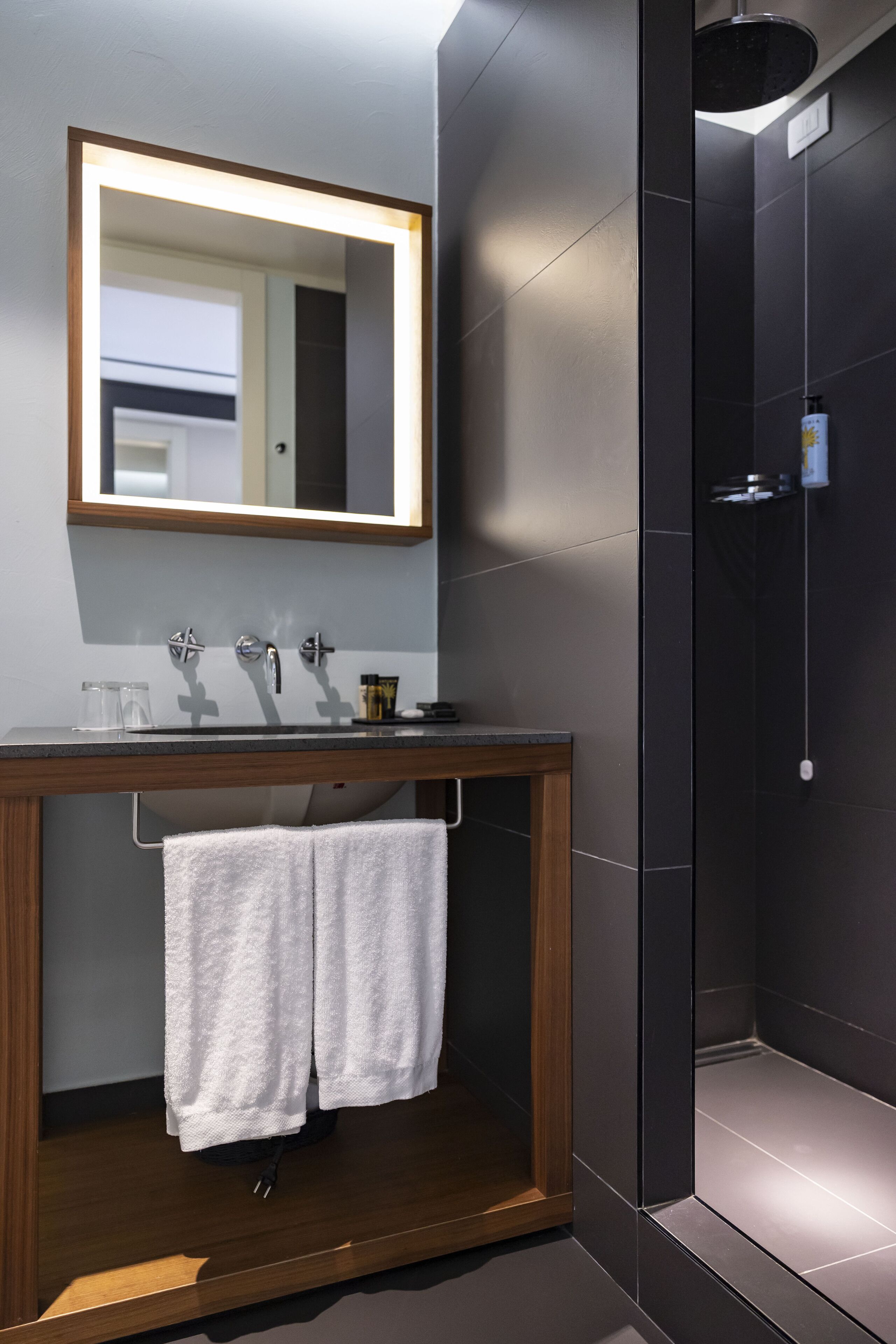 shower, rainfall showerhead, free toiletries, hair dryer