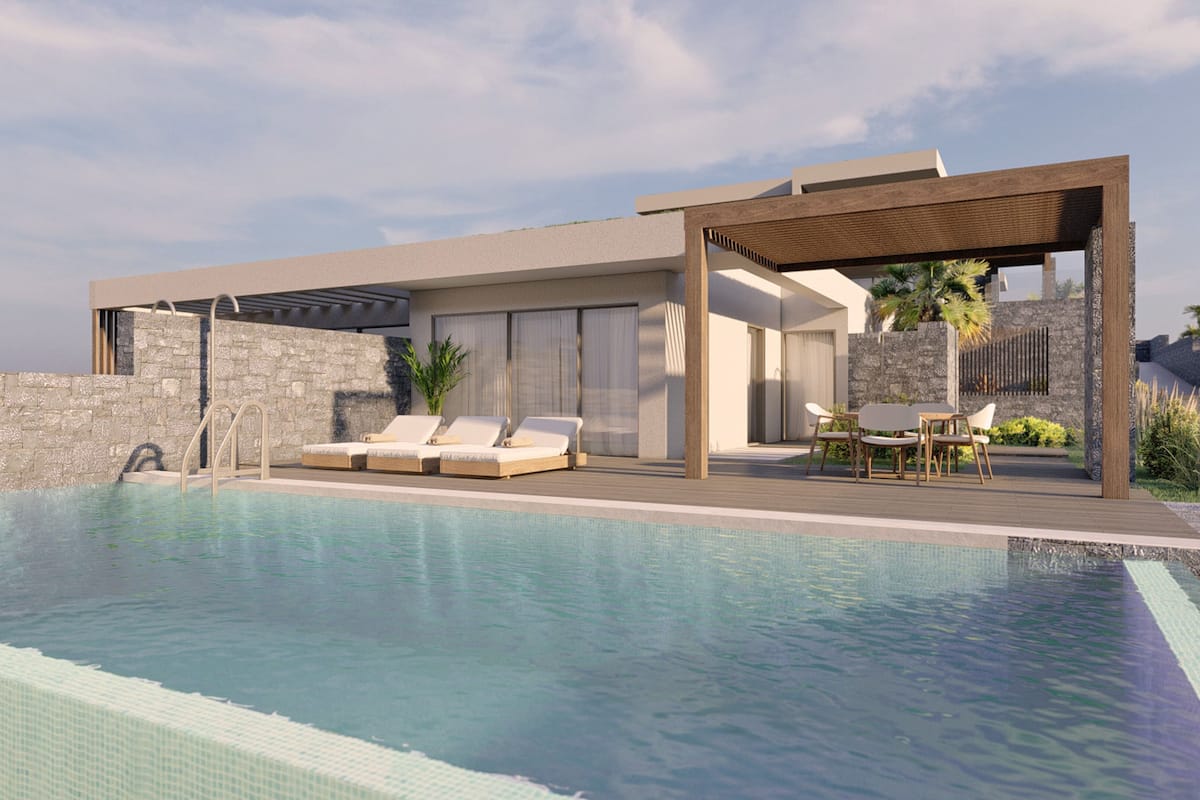 A modern outdoor pool area with lounge chairs and a pergola.