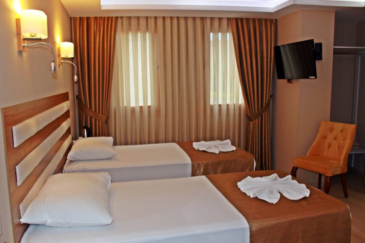 Habitación de hotel con dos camas, televisión y una silla.