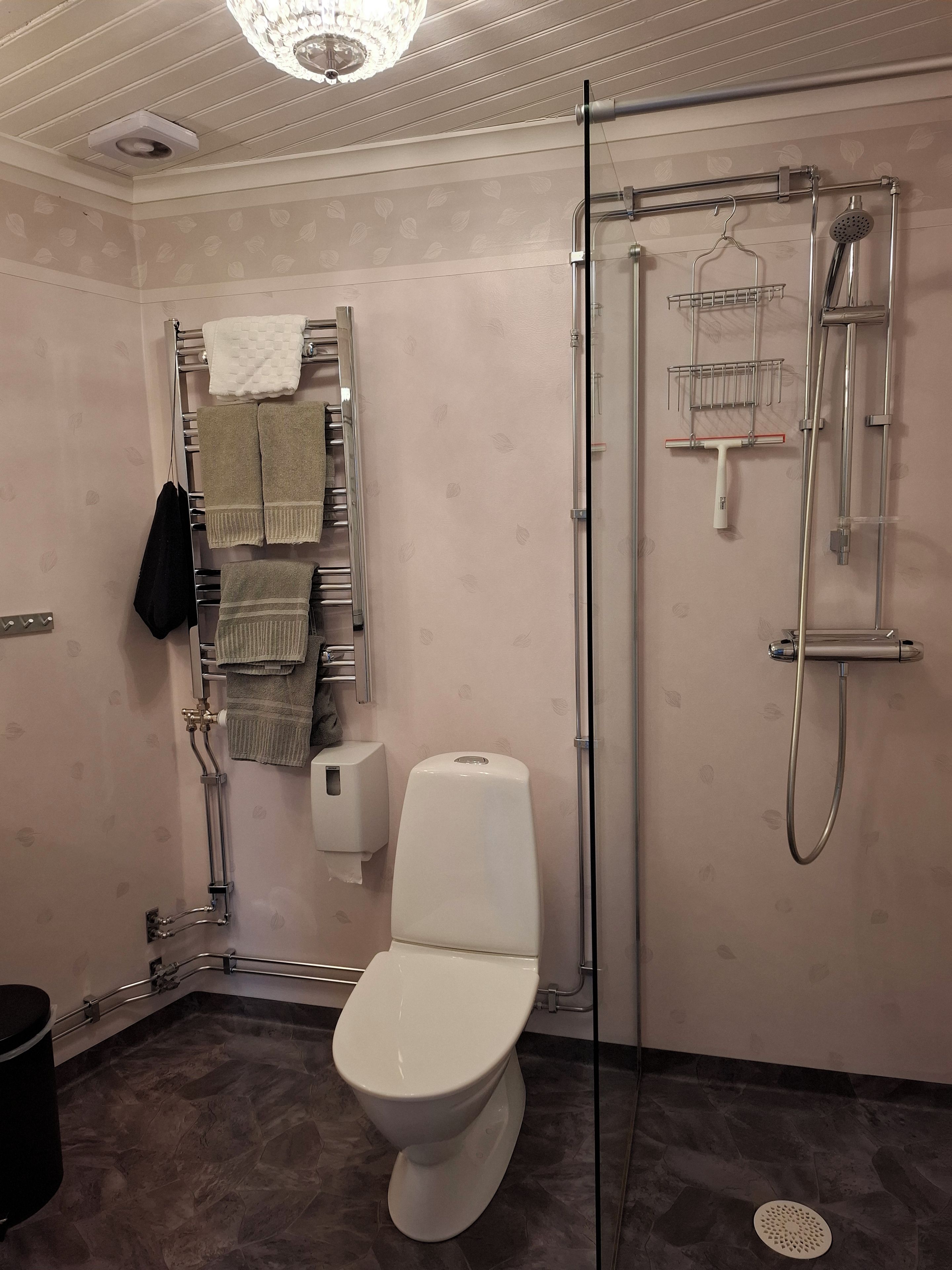 Un baño con inodoro, ducha y toallero con toallas.