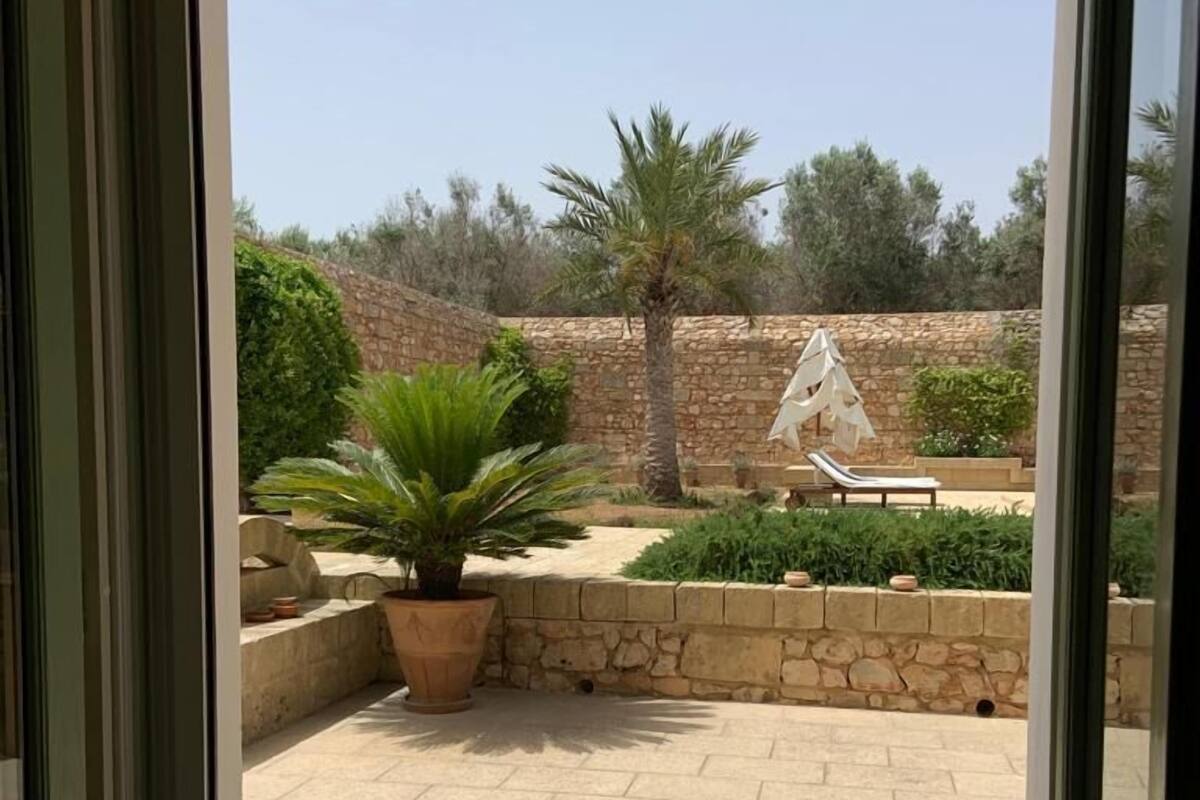 An outdoor patio with stone walls, a palm tree, and a sun lounger.