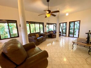 Hummingbird Suite | Living area | 65-inch flat-screen TV with cable channels, TV - Hotel Alegria (Cabarete)