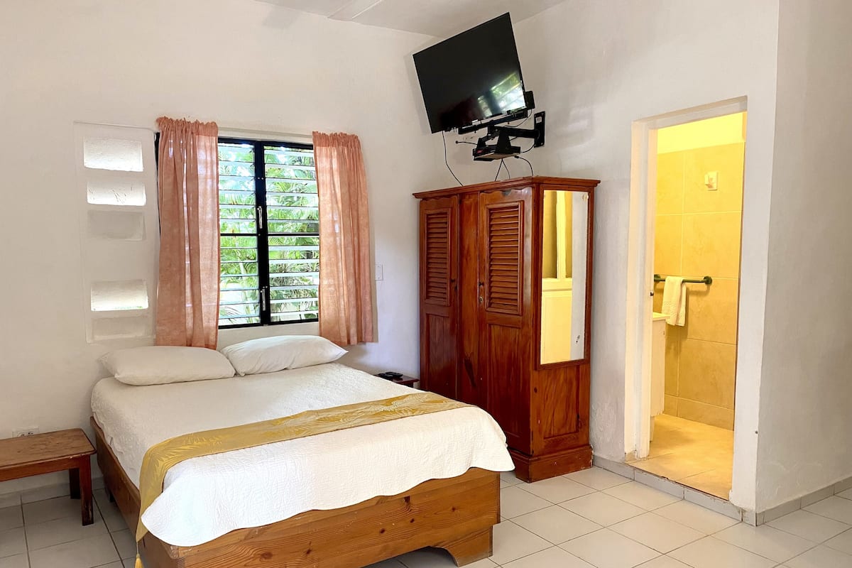 Een slaapkamer met een bed, een houten garderobe, een aan de muur bevestigde televisie en een badkamedeur.