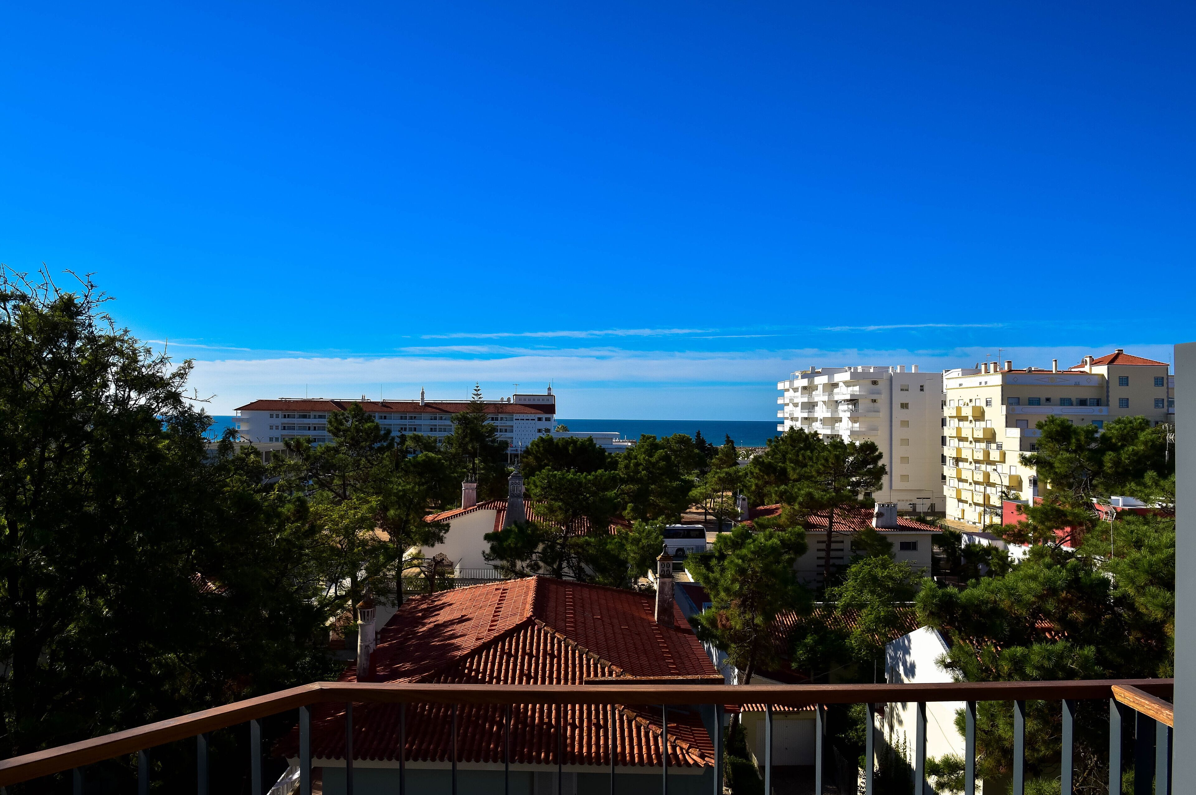 A coastal cityscape with buildings, trees, and a clear blue sky.