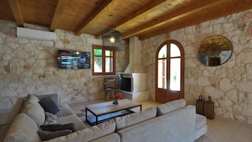 49-inch flat-screen TV with satellite channels, TV, fireplace
