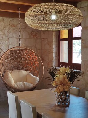 Deluxe Villa (Villa Areti) | Living area | 49-inch flat-screen TV with satellite channels, TV, fireplace - Jootiq Villas (Zakynthos)