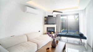 Una sala de estar moderna con un sofá, una mesa de centro, un televisor y una chimenea.