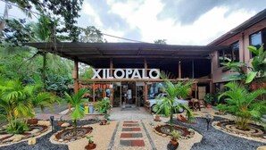 The entrance to a hotel named 'Xilopalo' with a covered walkway leading to the entrance, surrounded by landscaped gardens and tropical plants.