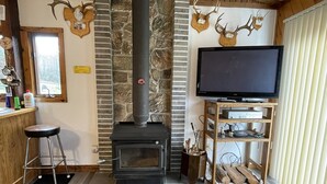 A cozy living room with a fireplace, a television on a wooden stand, and antler wall decorations. - Grandpa Jim's Cabin (Montreal)