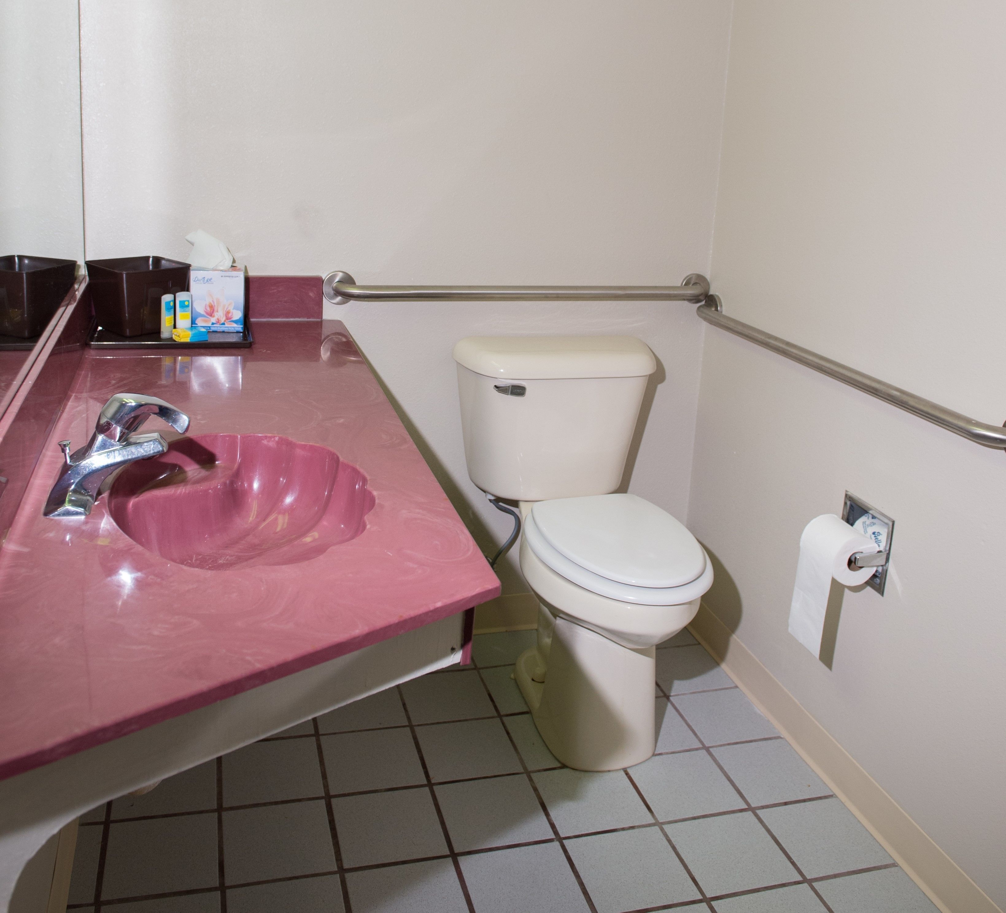 Un baño con un lavamanos rosa, un inodoro blanco y un pasamanos.