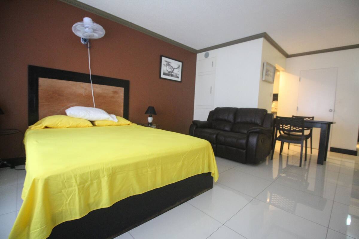 A hotel room with a bed, a chair, a desk, and a fan.